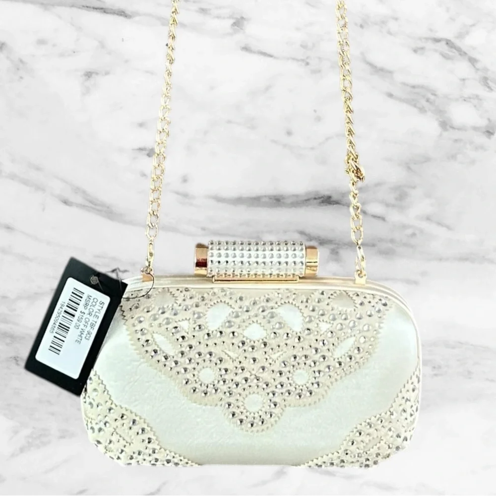 Badgley Mischka Off White Satin Rhinestone Clutch Evening Handbag Chain - Picture 15 of 16